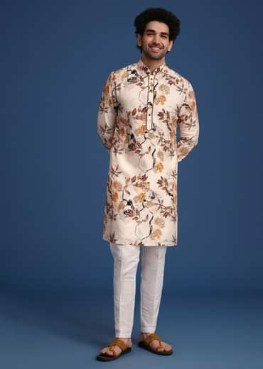 Beige Linen Printed Kurta Set With Leaf Motifs