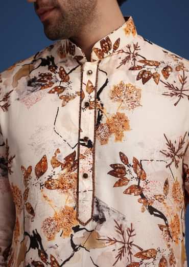Beige Linen Printed Kurta Set With Leaf Motifs