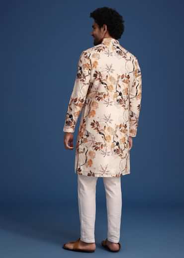 Beige Linen Printed Kurta Set With Leaf Motifs