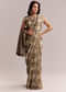 Beige Linen Printed Saree With Hand Block Ajrakh Print