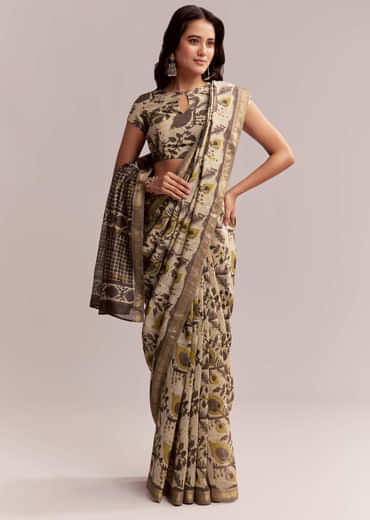 Beige Linen Printed Saree With Hand Block Ajrakh Print