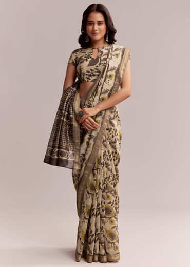 Beige Linen Printed Saree With Hand Block Ajrakh Print
