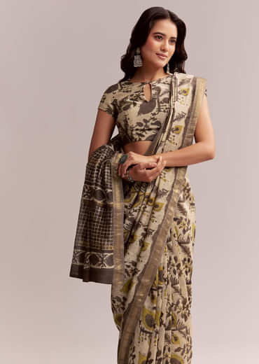 Beige Linen Printed Saree With Hand Block Ajrakh Print
