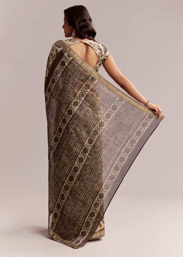 Beige Linen Printed Saree With Hand Block Ajrakh Print