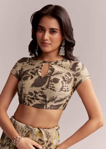 Beige Linen Printed Saree With Hand Block Ajrakh Print