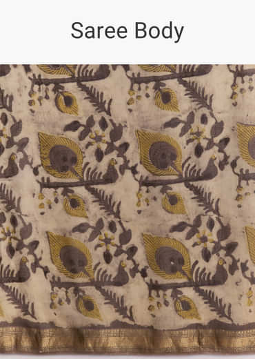 Beige Linen Printed Saree With Hand Block Ajrakh Print