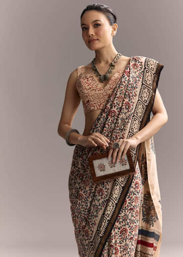 Beige Linen Saree With Ajrakh Floral Print And Black Border