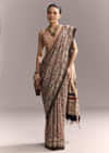 Beige Linen Saree With Ajrakh Floral Print And Black Border