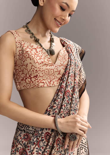 Beige Linen Saree With Ajrakh Floral Print And Black Border