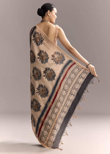Beige Linen Saree With Ajrakh Floral Print And Black Border