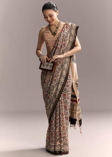 Beige Linen Saree With Ajrakh Floral Print And Black Border