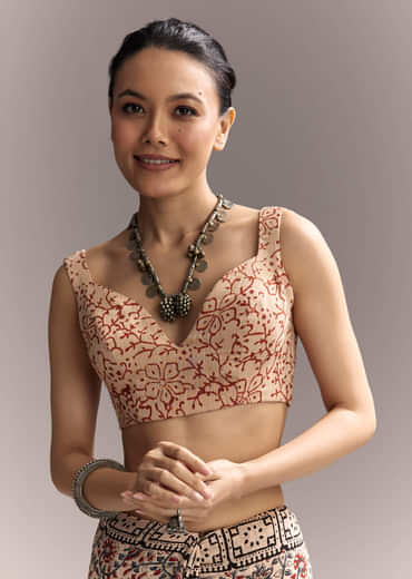 Beige Linen Saree With Ajrakh Floral Print And Black Border