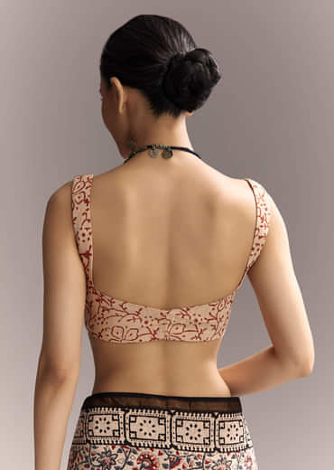 Beige Linen Saree With Ajrakh Floral Print And Black Border