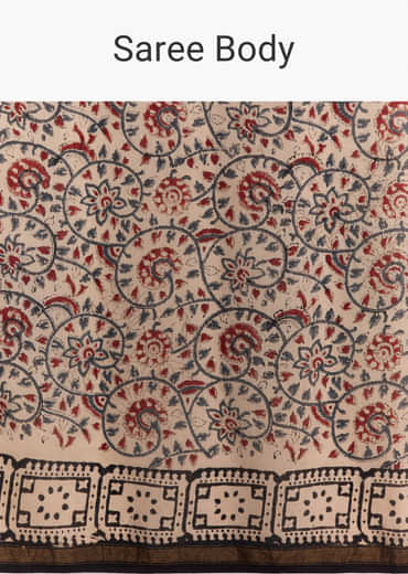 Beige Linen Saree With Ajrakh Floral Print And Black Border