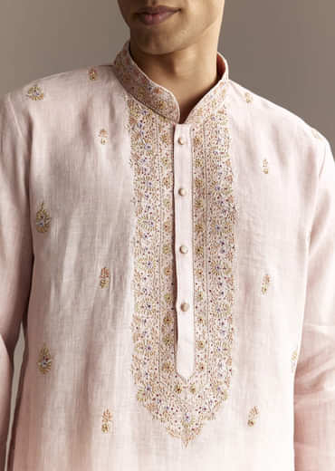 Beige Linen Thread Embroidered Kurta Set