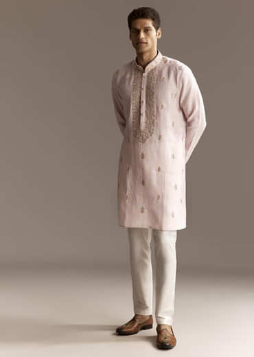 Beige Linen Thread Embroidered Kurta Set