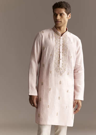 Beige Linen Thread Embroidered Kurta Set