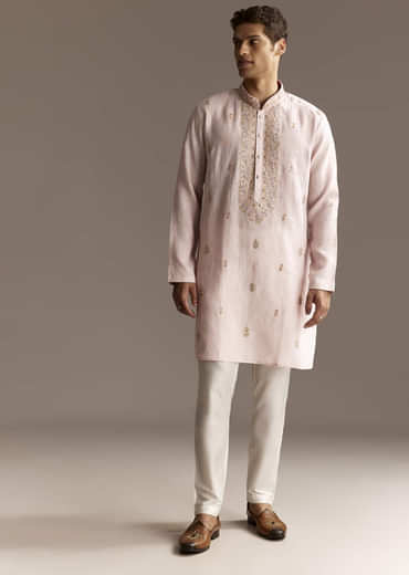 Beige Linen Thread Embroidered Kurta Set