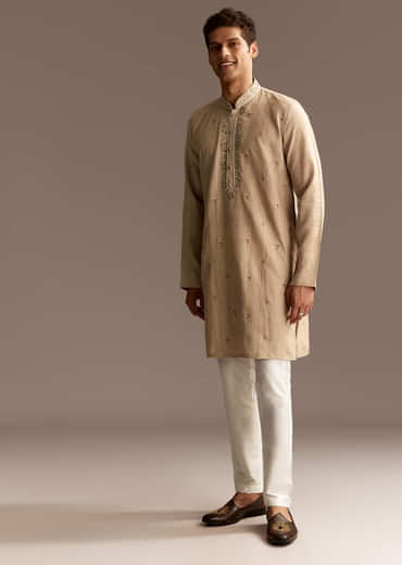 Beige Linen Threadwork Kurta Set