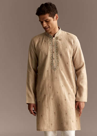 Beige Linen Threadwork Kurta Set
