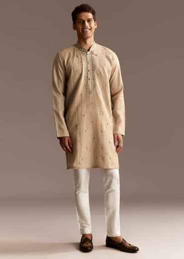 Beige Linen Threadwork Kurta Set