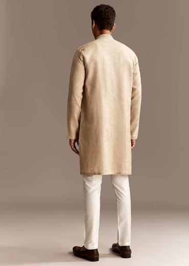 Beige Linen Threadwork Kurta Set