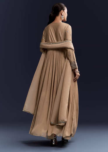 Beige Mirror Work Chinnon Anarkali with Dupatta