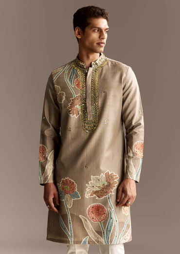 Beige Mirror Work Kurta Set