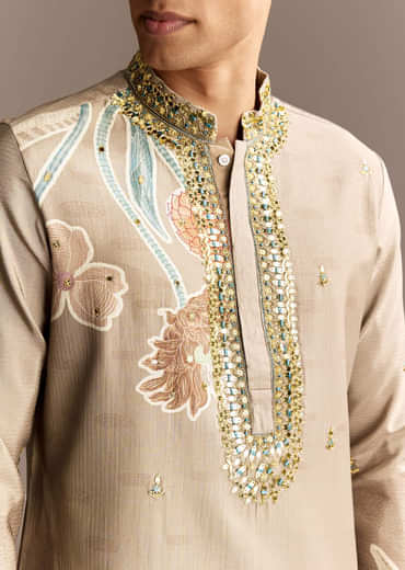 Beige Mirror Work Kurta Set