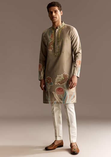 Beige Mirror Work Kurta Set
