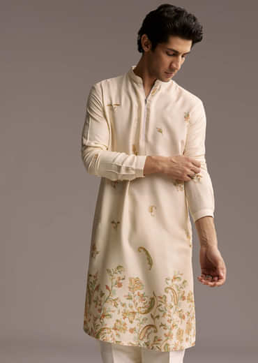 Beige Modal Printed Kurta Set For Men