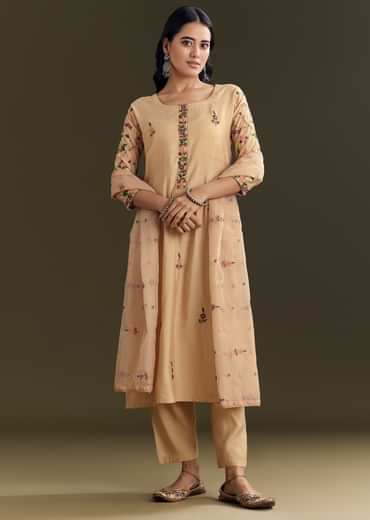 Beige Modal Threadwork Kurta Pant Set With Hand Painting