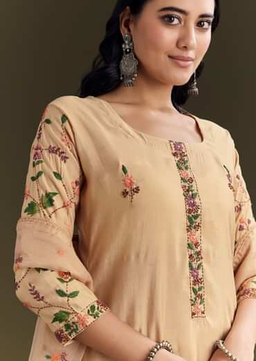 Beige Modal Threadwork Kurta Pant Set With Hand Painting