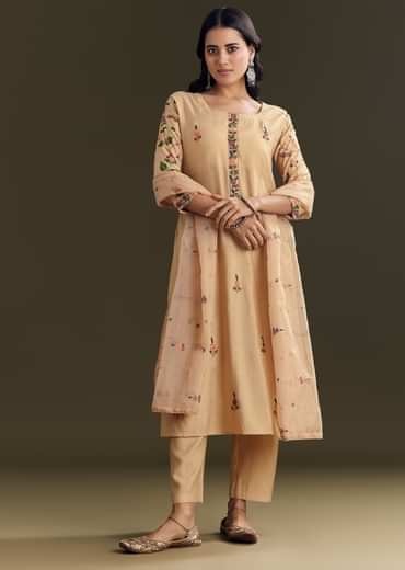 Beige Modal Threadwork Kurta Pant Set With Hand Painting