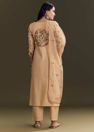 Beige Modal Threadwork Kurta Pant Set With Hand Painting