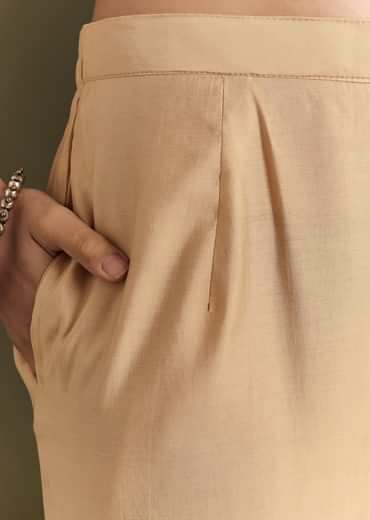 Beige Modal Threadwork Kurta Pant Set With Hand Painting