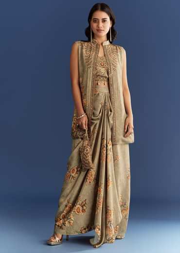 Beige Muslin Croptop Set With Floral Printed Skirt Jacket