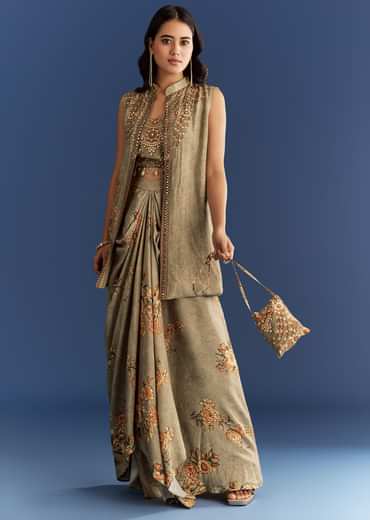 Beige Muslin Croptop Set With Floral Printed Skirt Jacket