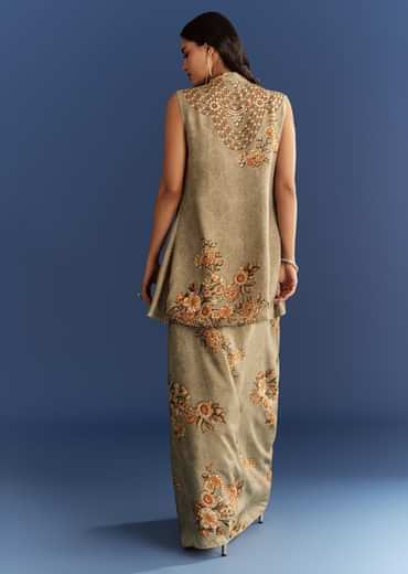 Beige Muslin Croptop Set With Floral Printed Skirt Jacket