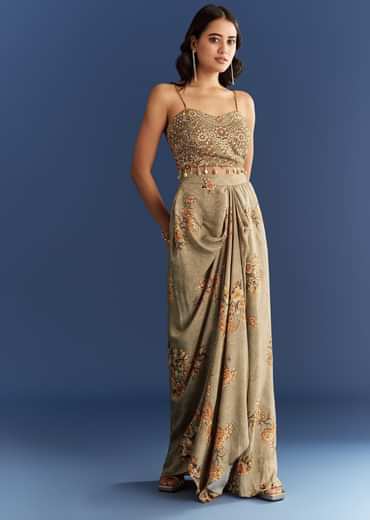 Beige Muslin Croptop Set With Floral Printed Skirt Jacket