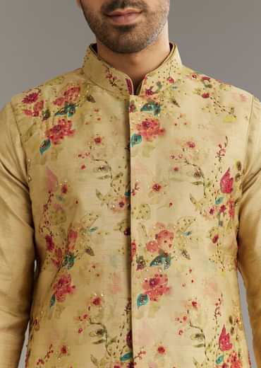 Beige Muslin Kurta Jacket Set With Stone Work