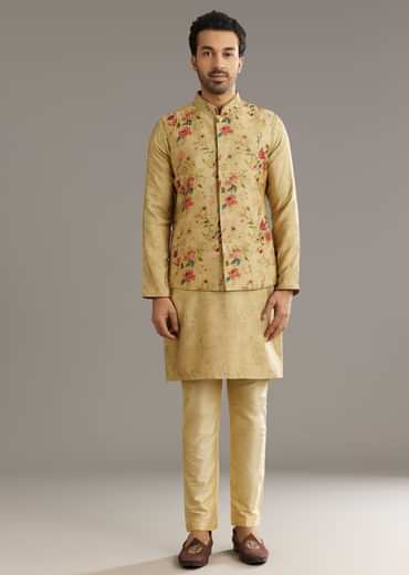 Beige Muslin Kurta Jacket Set With Stone Work