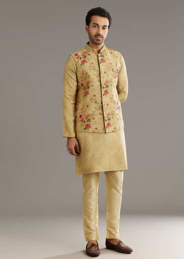 Beige Muslin Kurta Jacket Set With Stone Work