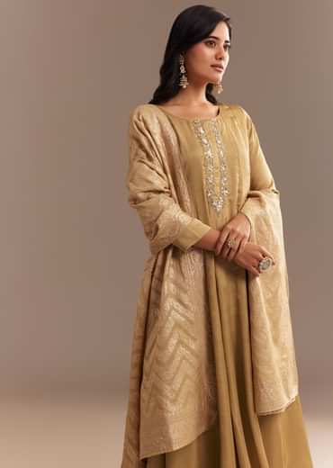 Beige Muslin Mirror Embroidered Kurta Set