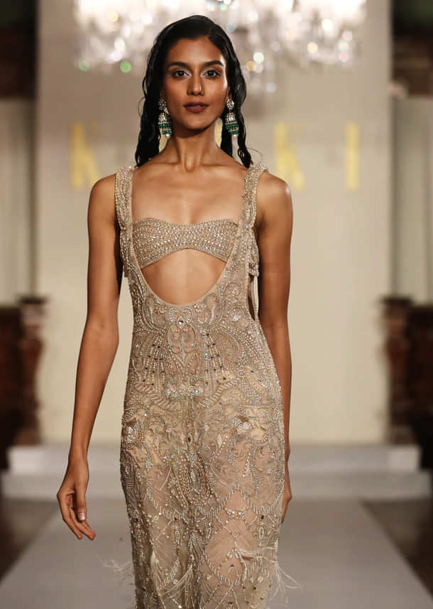 Beige Net Bridal Gown With Bustier Layer