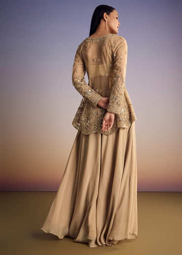 Beige Net Peplum Kurta Set With Beads And Sequins Work