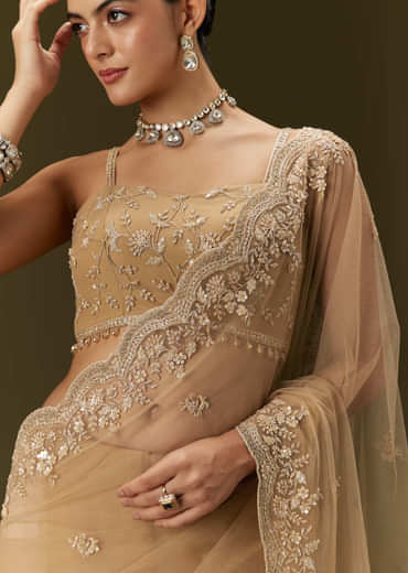 Beige Net Saree With All Over Heavy Embroidery