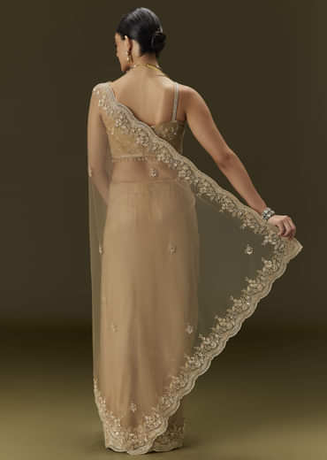 Beige Net Saree With All Over Heavy Embroidery