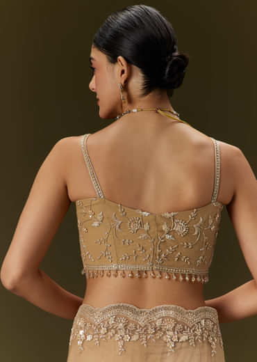 Beige Net Saree With All Over Heavy Embroidery