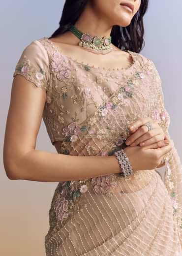 Beige Net Saree With Heavy Floral And Resham Thread Embroidery